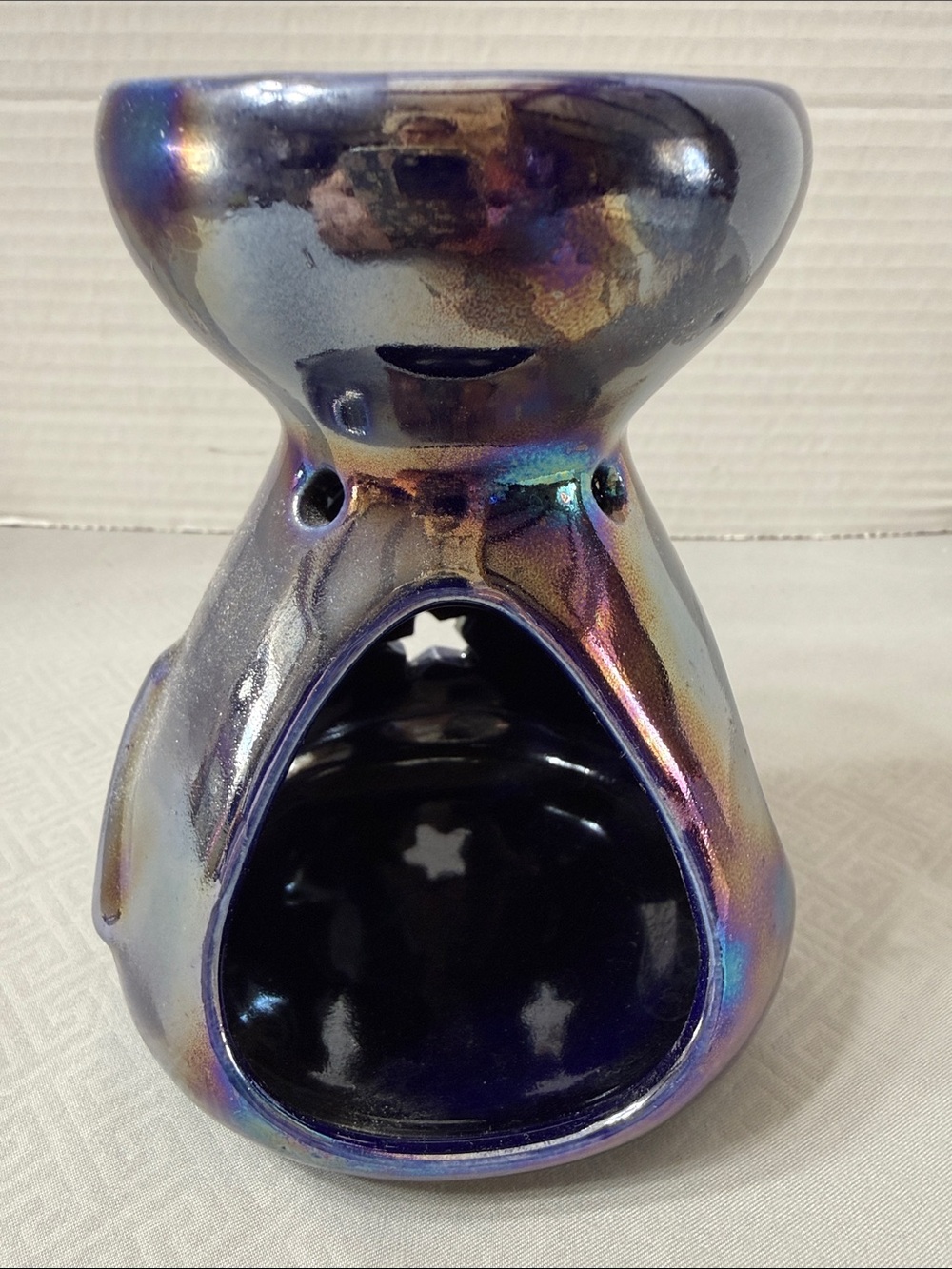 Vtg Marex Iridescent Purple/Blue Ceramic Oil Burner Wax Warmer Star Moon Poland